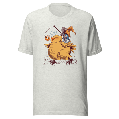 A tiny wizard rides a chunky yellow bird while chasing a dangling donut, mixing cute fantasy chaos, retro RPG charm, and playful adventure in a fun whimsical design.