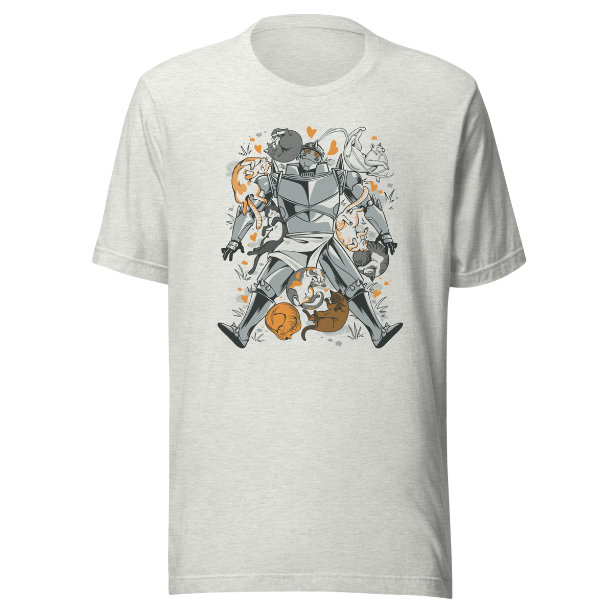A steel-armored warrior surrounded by sleeping and playful cats, with orange hearts and tiny flowers scattered around. The humorous illustration combines medieval armor with a cozy feline theme.