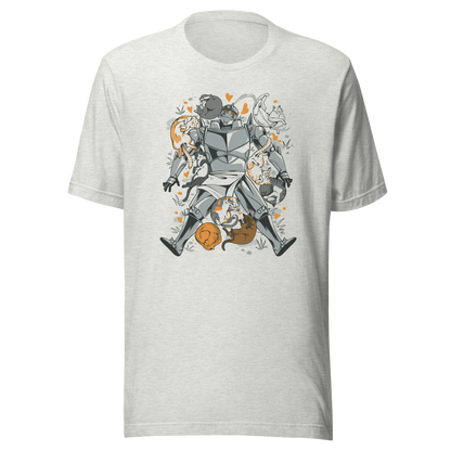 A steel-armored warrior surrounded by sleeping and playful cats, with orange hearts and tiny flowers scattered around. The humorous illustration combines medieval armor with a cozy feline theme.