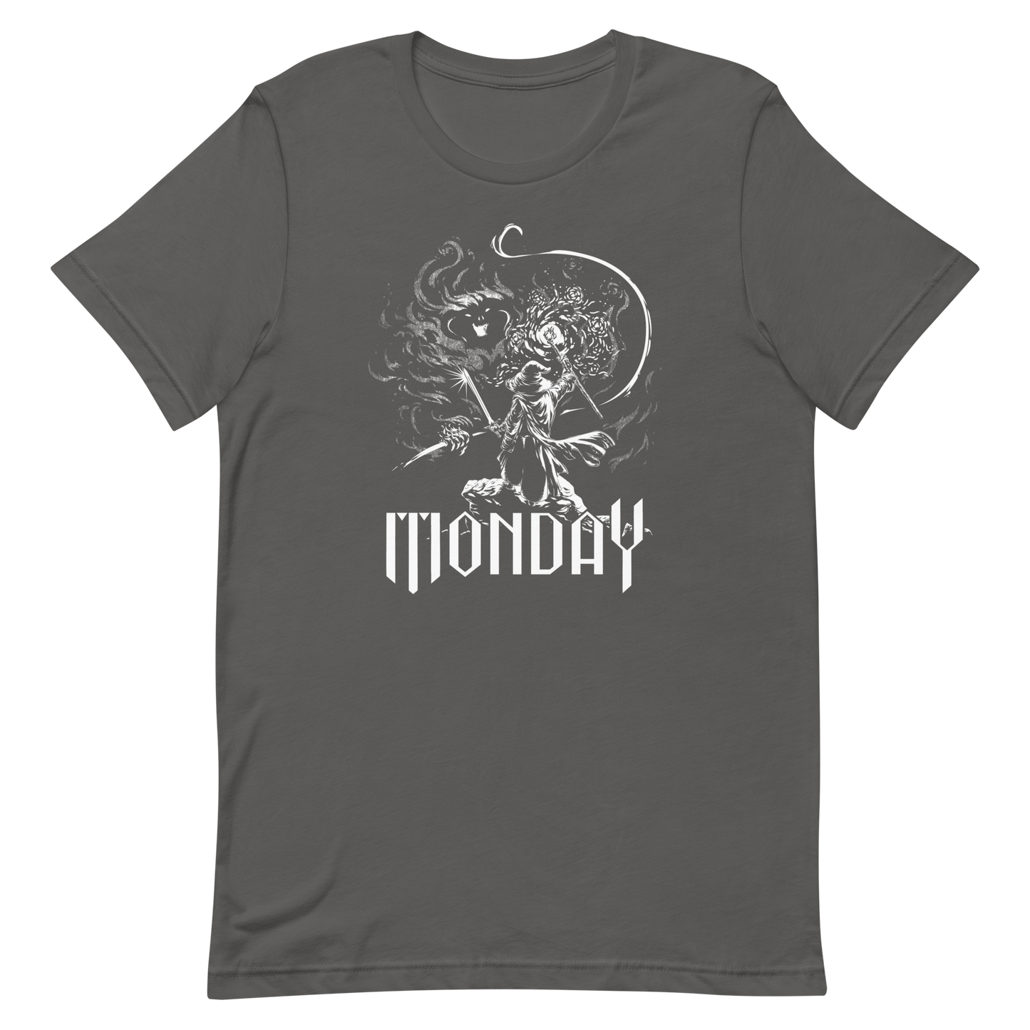 A white fantasy-style illustration showing a wizard standing on a rock, wielding a staff and sword, casting a spell toward a swirling dark, smoky monster with glowing eyes and mouth. The word “MONDAY” appears in large, bold, gothic letters at the bottom, symbolizing the wizard battling the chaos of Monday.
