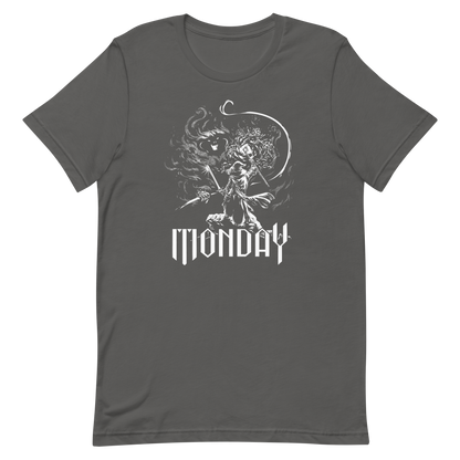 A white fantasy-style illustration showing a wizard standing on a rock, wielding a staff and sword, casting a spell toward a swirling dark, smoky monster with glowing eyes and mouth. The word “MONDAY” appears in large, bold, gothic letters at the bottom, symbolizing the wizard battling the chaos of Monday.