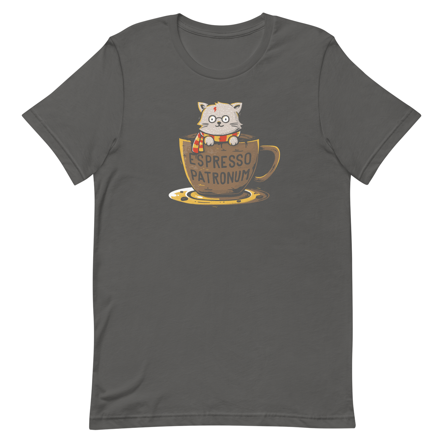 This design features an adorable cartoon cat with glasses and a lightning-shaped scar, wearing a striped scarf, sitting inside a large coffee cup. The cup has the humorous phrase 'Espresso Patronum' printed on it. The overall style is whimsical and playful, blending cute and nerdy elements. The cat appears to be a parody of a popular fictional character associated with magic and wizardry.