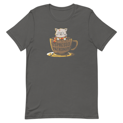 This design features an adorable cartoon cat with glasses and a lightning-shaped scar, wearing a striped scarf, sitting inside a large coffee cup. The cup has the humorous phrase 'Espresso Patronum' printed on it. The overall style is whimsical and playful, blending cute and nerdy elements. The cat appears to be a parody of a popular fictional character associated with magic and wizardry.
