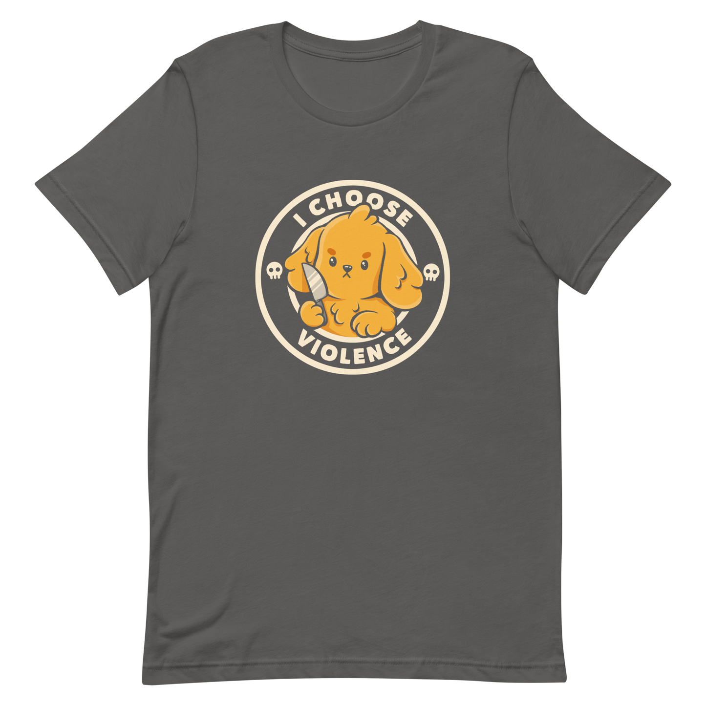 A cute yellow cartoon dog holds a small knife, surrounded by a circular logo that reads 'I Choose Violence'. The dog's expression is serious, yet the overall style is playful and cute. Two small skull icons are on either side, adding an ironic tone to the cheerful design.
