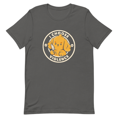 A cute yellow cartoon dog holds a small knife, surrounded by a circular logo that reads 'I Choose Violence'. The dog's expression is serious, yet the overall style is playful and cute. Two small skull icons are on either side, adding an ironic tone to the cheerful design.
