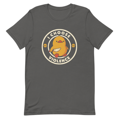 A cute, cartoon-style yellow duckling stands confidently holding a large knife in its wing. The duckling is encircled by text saying 'I CHOOSE VIOLENCE' in bold white letters. Small skull symbols flank the chick on either side, adding a touch of humor and irony to the otherwise adorable drawing.