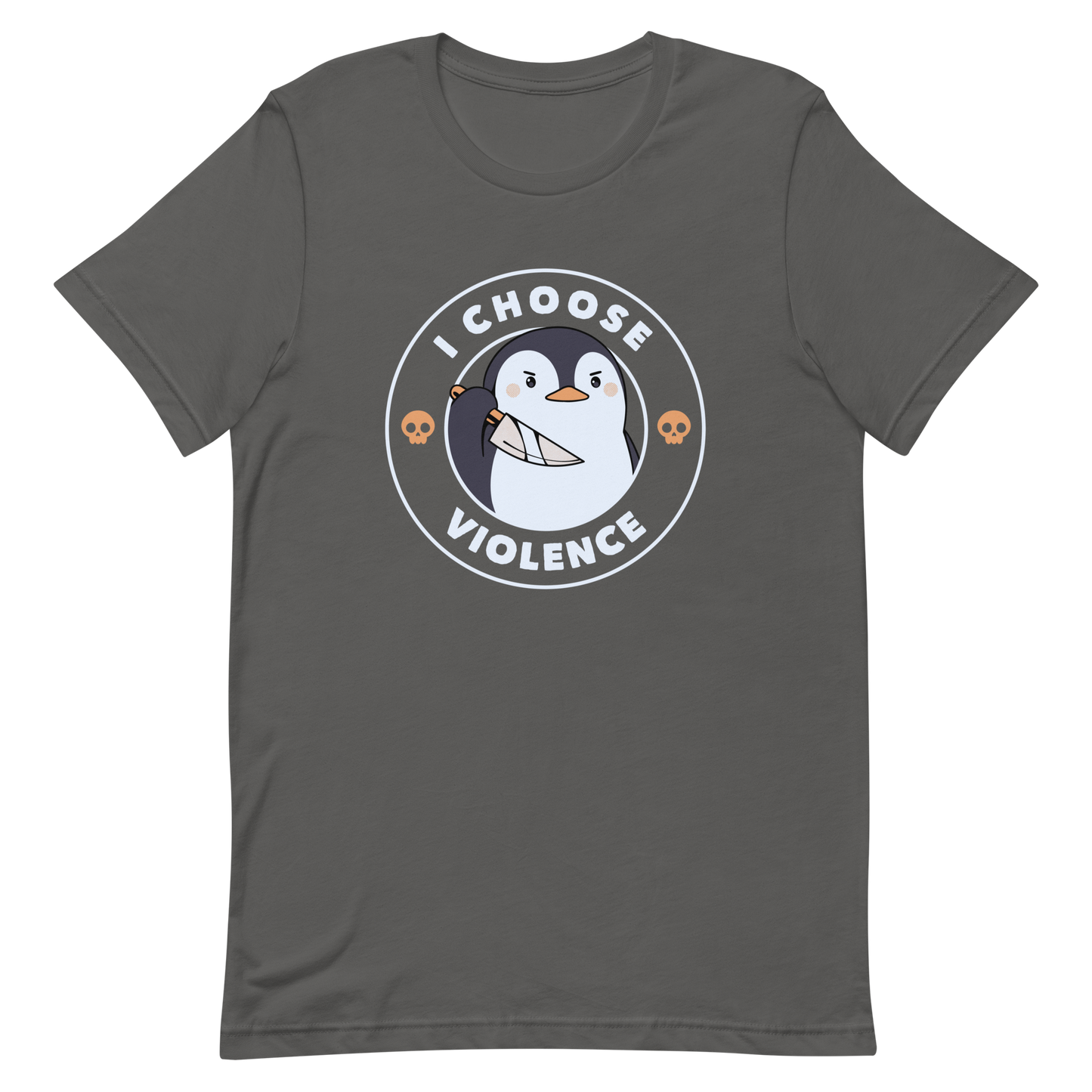 A cartoon-style penguin with a slightly menacing expression holds a large knife. It is surrounded by the words 'I CHOOSE VIOLENCE' in bold uppercase letters. There are two small orange skulls flanking the penguin. The overall design is circular and features contrasting colors for a dramatic effect.