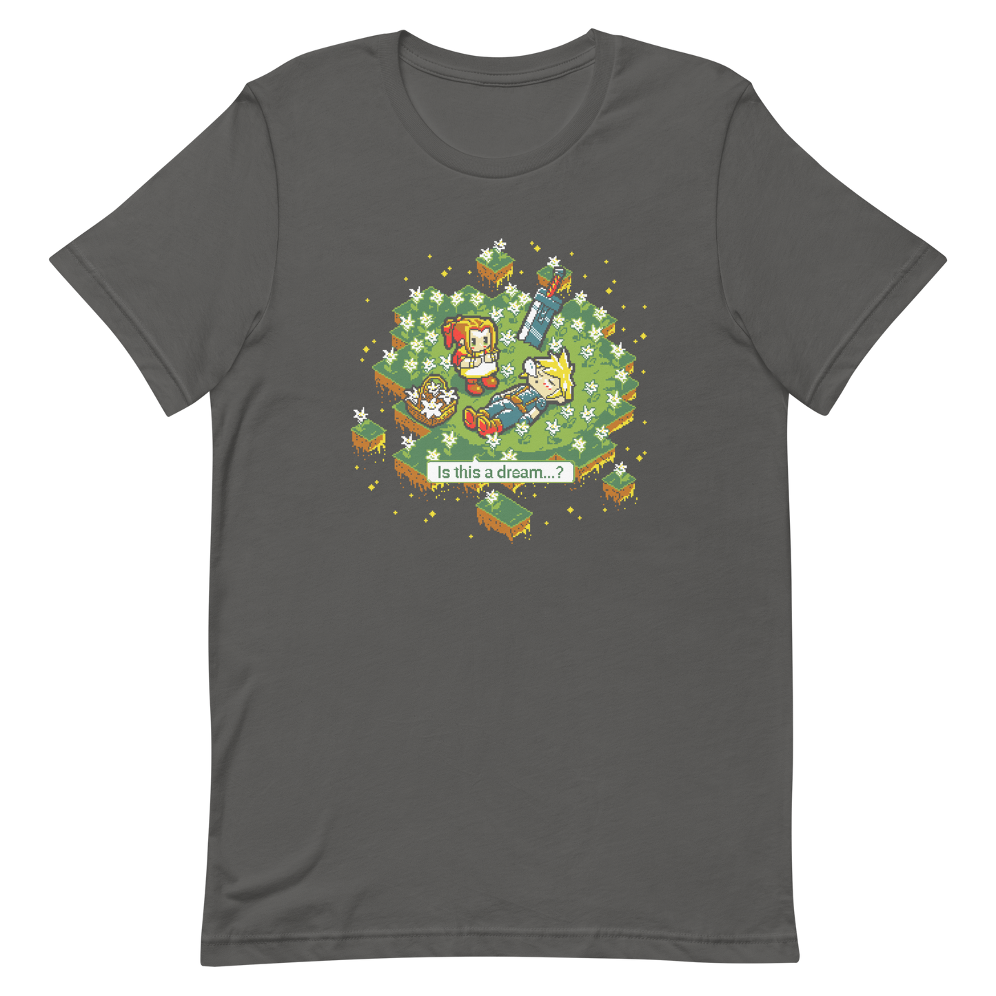 A peaceful pixel scene featuring a dreamy moment between two characters in a floating flower field.