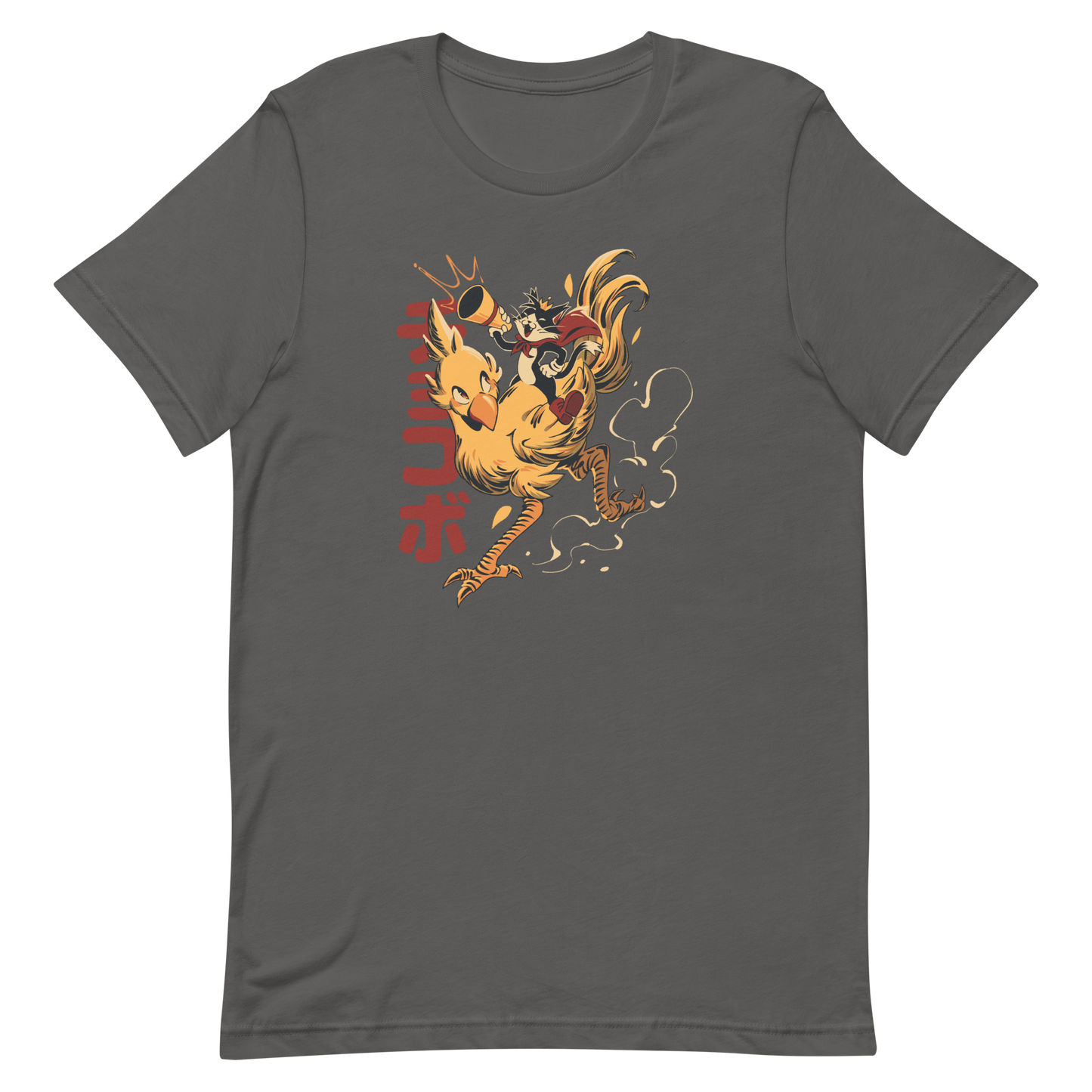 A stylized cartoon illustration of a confident cat wearing a cape and crown while riding a large yellow bird at full speed, with dynamic motion lines and Japanese writing in the background.