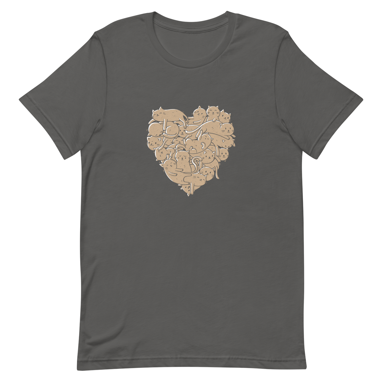 The image showcases an anatomical heart shape filled with numerous small, simple, and cute cartoon-like cat illustrations in a light brown tone. The overall style is whimsical and playful, combining elements of illustration and pop culture art.