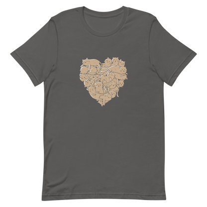 The image showcases an anatomical heart shape filled with numerous small, simple, and cute cartoon-like cat illustrations in a light brown tone. The overall style is whimsical and playful, combining elements of illustration and pop culture art.