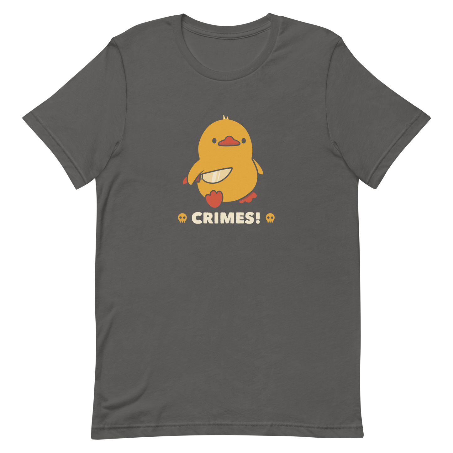 A cute yellow duck holding a small knife, with the text "Crimes" below it. This artwork blends humor with the ducks' temperament.