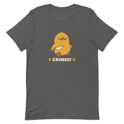 A cute yellow duck holding a small knife, with the text "Crimes" below it. This artwork blends humor with the ducks' temperament.
