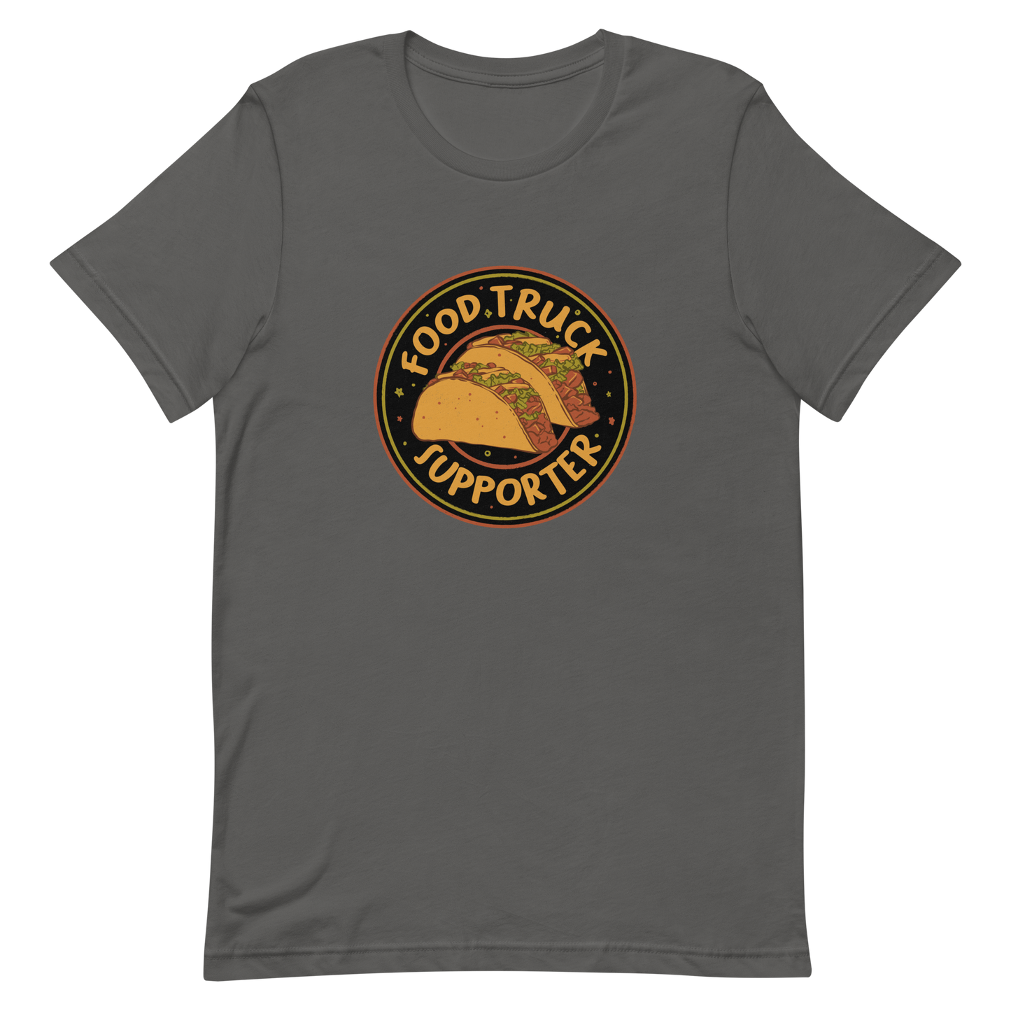 Two delicious tacos sit at the center of a bold circular badge under the phrase “Food Truck Supporter”. This design celebrates the love for street food and the joy of discovering amazing flavors on wheels. Perfect for foodies, taco lovers, and anyone who proudly supports their local food trucks.