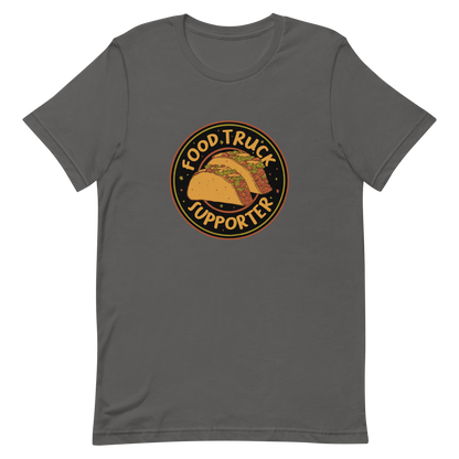 Two delicious tacos sit at the center of a bold circular badge under the phrase “Food Truck Supporter”. This design celebrates the love for street food and the joy of discovering amazing flavors on wheels. Perfect for foodies, taco lovers, and anyone who proudly supports their local food trucks.