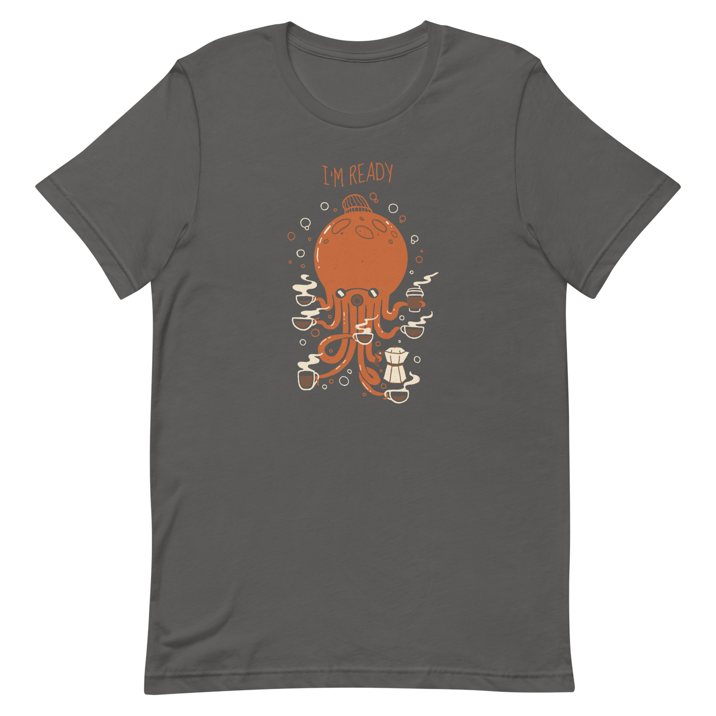 An orange octopus wearing a cap, balancing several cups of steaming coffee on its tentacles. This design blends the marine world with a passion for coffee, creating a fun and energetic scene. Ideal for coffee lovers, fans of funny illustrations, and anyone who needs a stylish morning pick-me-up.