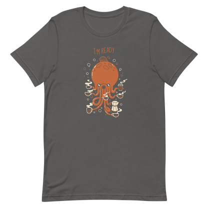 An orange octopus wearing a cap, balancing several cups of steaming coffee on its tentacles. This design blends the marine world with a passion for coffee, creating a fun and energetic scene. Ideal for coffee lovers, fans of funny illustrations, and anyone who needs a stylish morning pick-me-up.