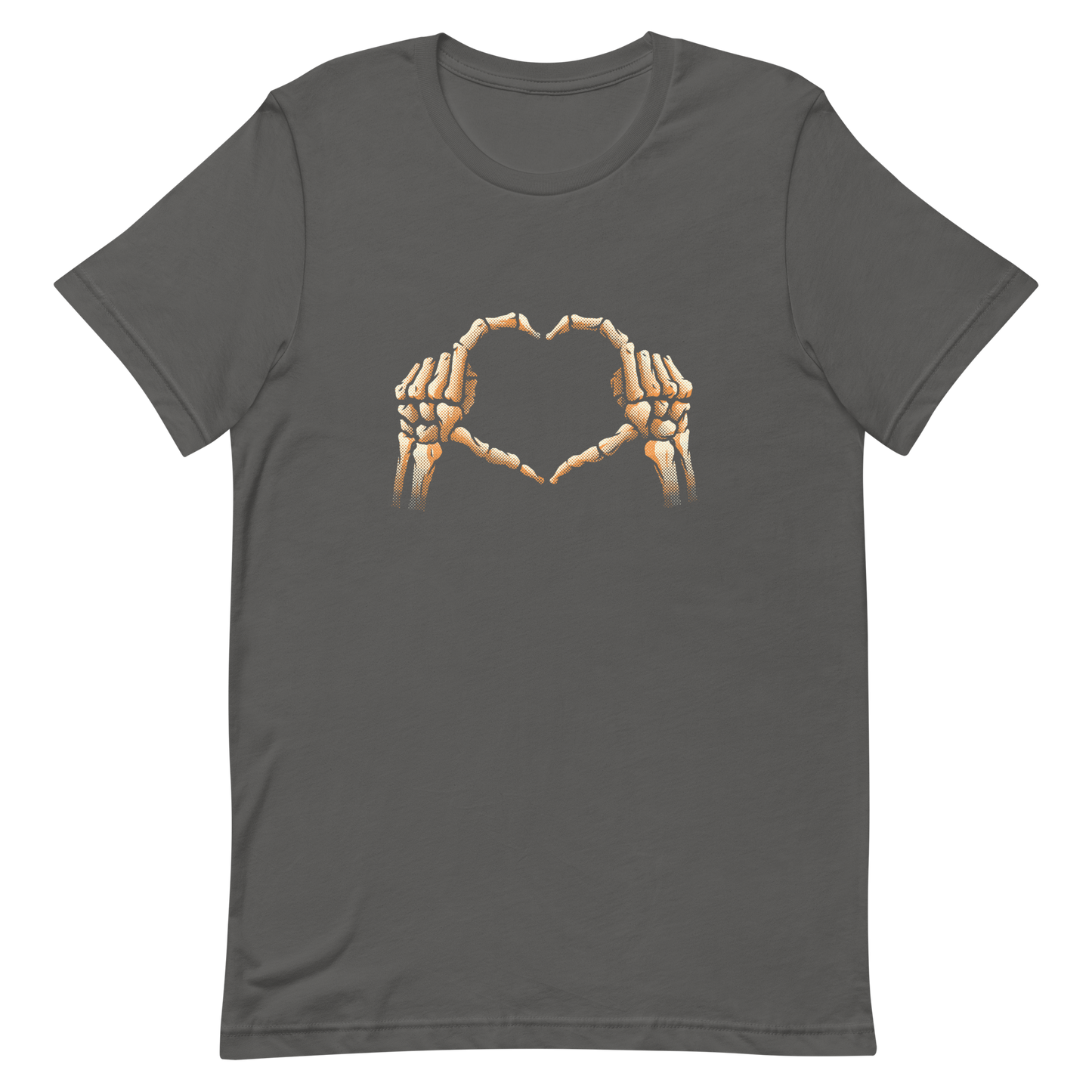 Two skeleton hands forming a heart with their fingers, an art that combines humor with love and is perfect for those who love Halloween.