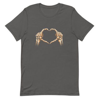 Two skeleton hands forming a heart with their fingers, an art that combines humor with love and is perfect for those who love Halloween.