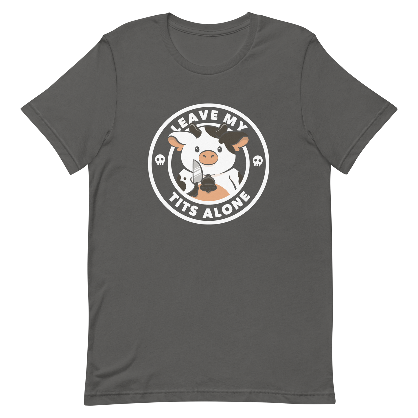 A quirky stamp-style design featuring a cute spotted cow holding a knife with the phrase “Leave My Tits Alone.” It mixes humor, attitude, and a playful call for animal respect. Perfect for cow lovers, fans of sassy humor, and anyone who supports animal rights.
