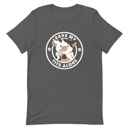 A quirky stamp-style design featuring a cute spotted cow holding a knife with the phrase “Leave My Tits Alone.” It mixes humor, attitude, and a playful call for animal respect. Perfect for cow lovers, fans of sassy humor, and anyone who supports animal rights.
