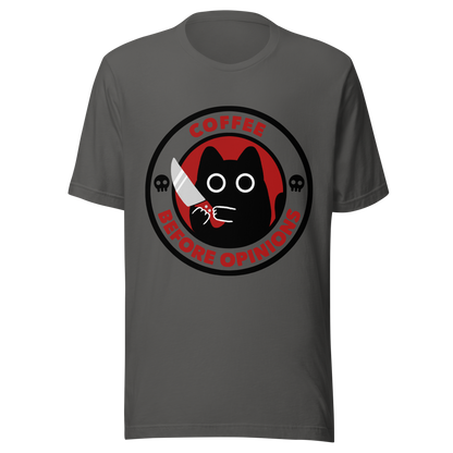 The illustration, in shades of red and black, features a wide-eyed black kitten holding a knife at the centre. Surrounding the cat is the phrase ‘Coffee Before Opinions’. A fun and cheeky gift for those who love cats and can’t function without their coffee.