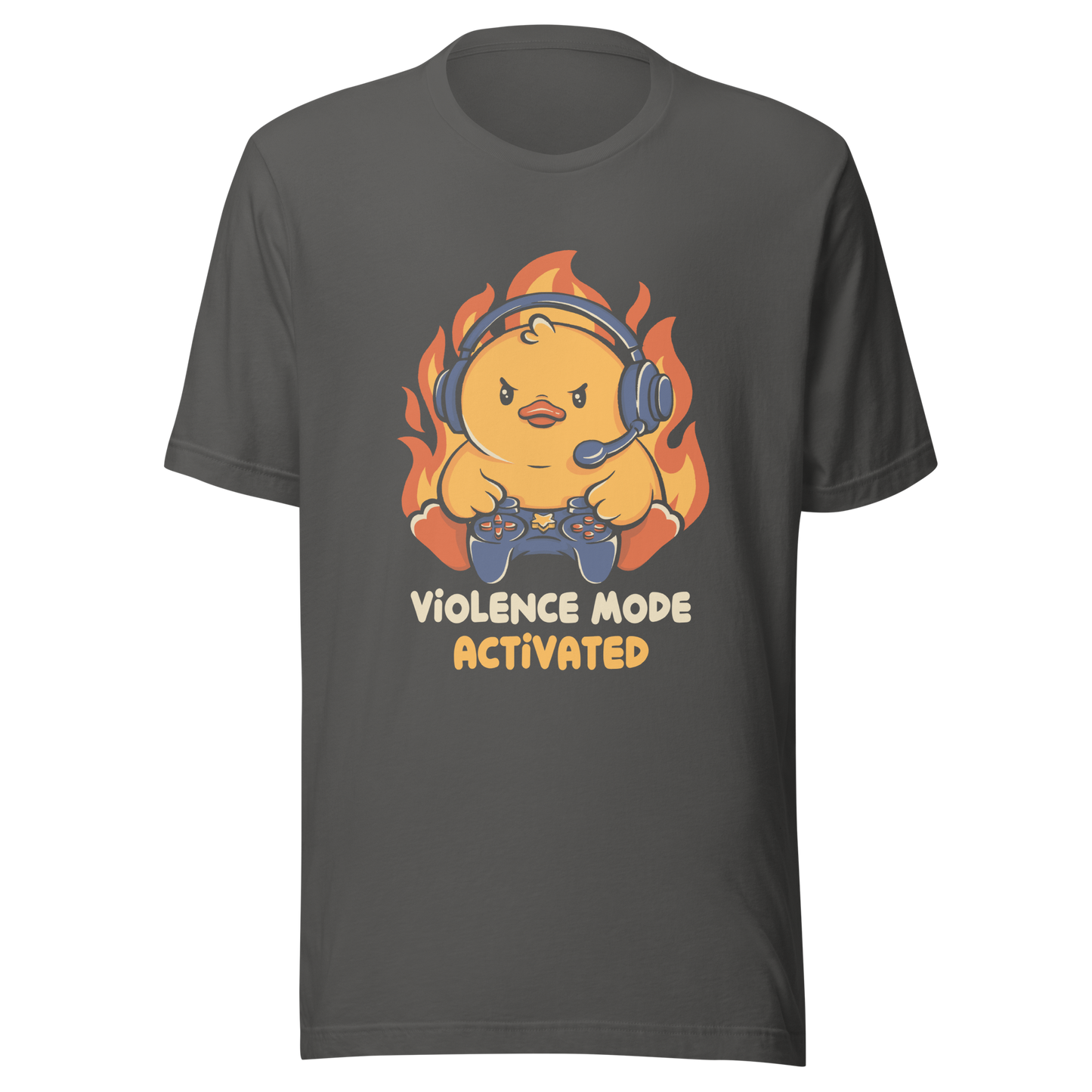 A determined duck, with flames behind it, wearing a gaming headset and holding a controller with intense focus. This design captures the humorous intensity of going full "violence mode" during competitive matches. Perfect for gamers, streamers, and fans of bold and fun geek designs.