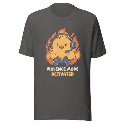 A determined duck, with flames behind it, wearing a gaming headset and holding a controller with intense focus. This design captures the humorous intensity of going full "violence mode" during competitive matches. Perfect for gamers, streamers, and fans of bold and fun geek designs.