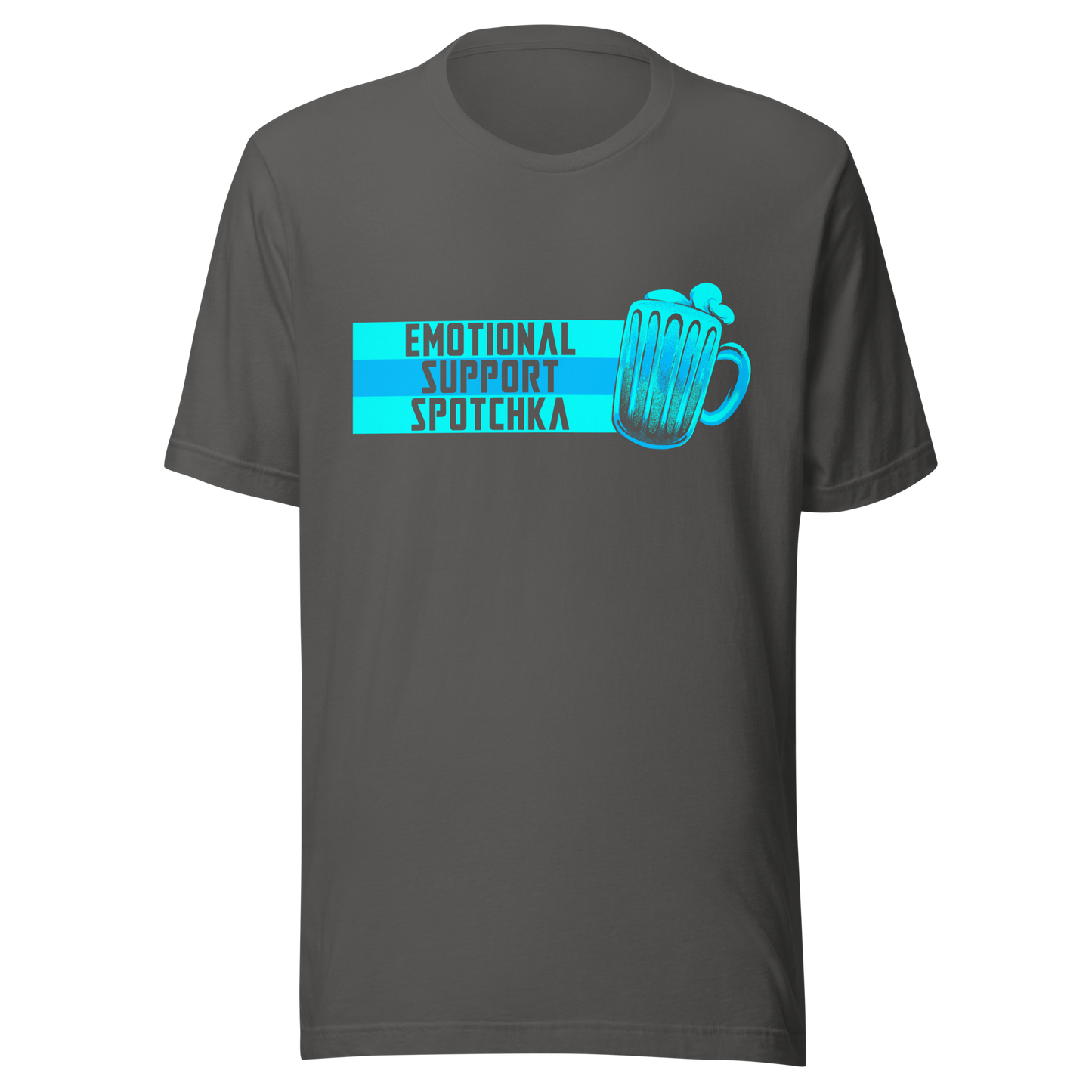 The design features a stylized mug filled with a frothy beverage, colored in vibrant shades of blue. Next to the mug, bold text reads 'EMOTIONAL SUPPORT SPOTCHKA'. The use of color and font style gives it a playful, pop-culture vibe, hinting at something fantastical or sci-fi influenced.