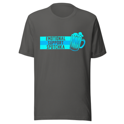 The design features a stylized mug filled with a frothy beverage, colored in vibrant shades of blue. Next to the mug, bold text reads 'EMOTIONAL SUPPORT SPOTCHKA'. The use of color and font style gives it a playful, pop-culture vibe, hinting at something fantastical or sci-fi influenced.