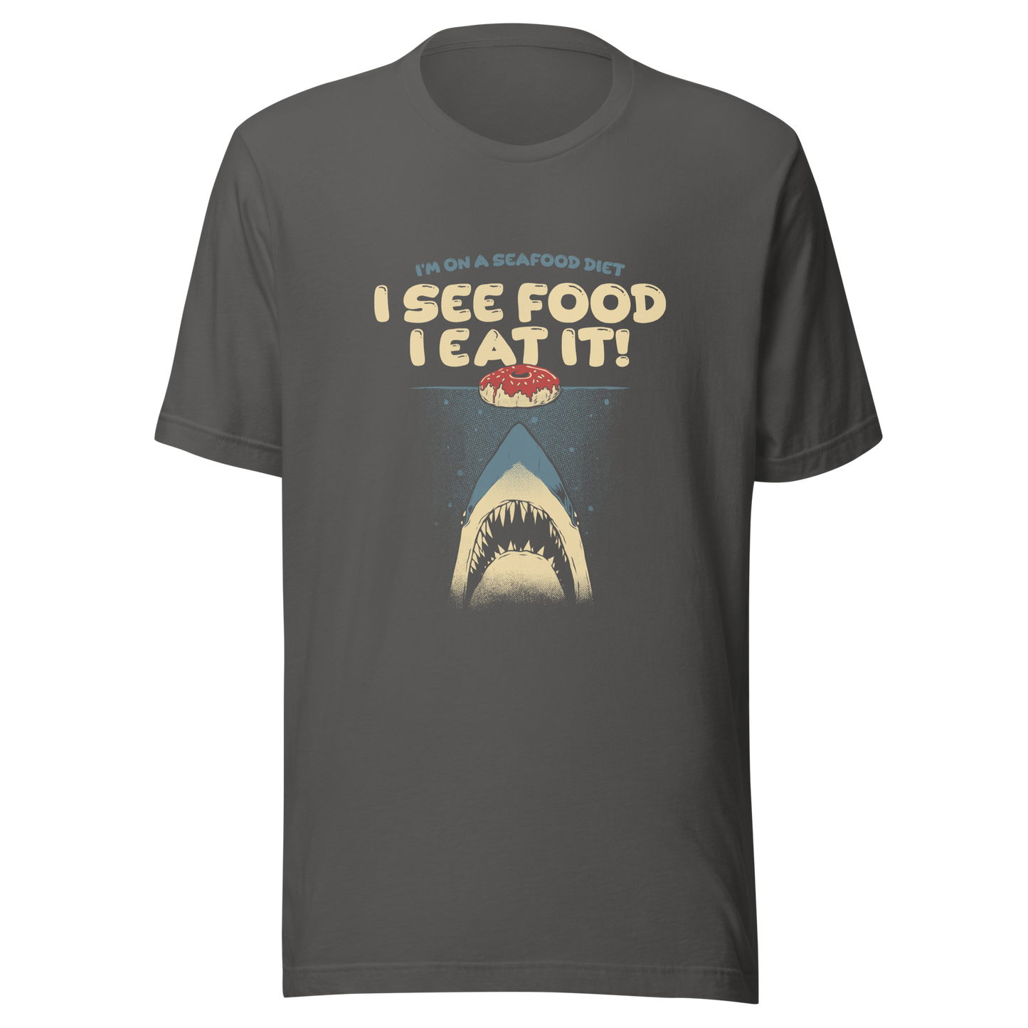 A shark rising from the water toward a floating donut, paired with playful retro typography. The artwork uses visual humor and a classic joke to create a fun, eye-catching composition with strong graphic contrast. Perfect for humor lovers, food fans, and anyone who enjoys witty designs with a slightly cheeky twist.