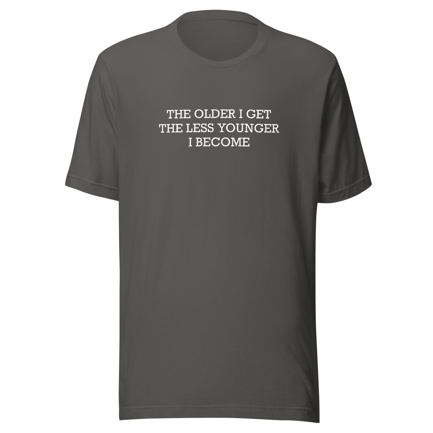 This typographic design features the phrase ‘The older I get the less younger I become’, a funny and ironic take on getting older. A clean and minimalist quote artwork, perfect for fans of sarcastic humor, witty sayings, and relatable designs.