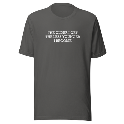 This typographic design features the phrase ‘The older I get the less younger I become’, a funny and ironic take on getting older. A clean and minimalist quote artwork, perfect for fans of sarcastic humor, witty sayings, and relatable designs.
