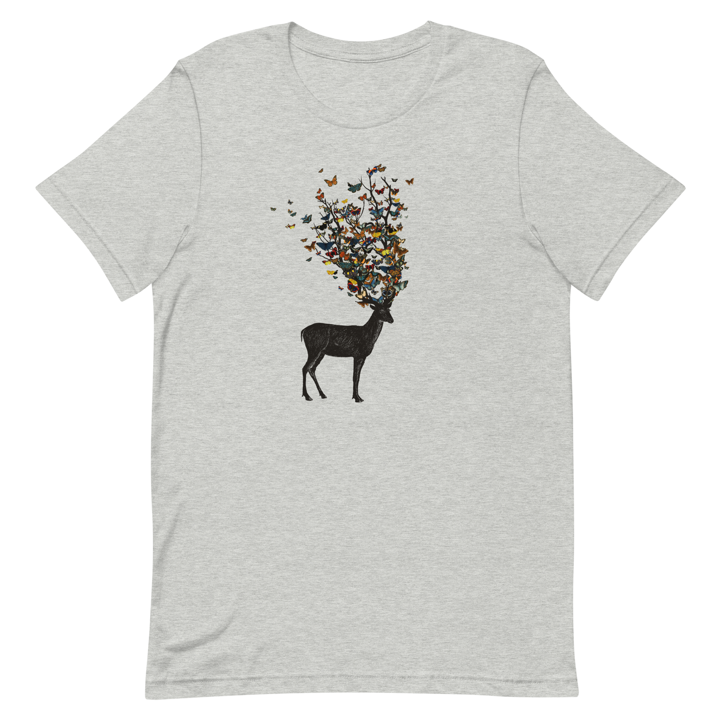 The image depicts a dark, silhouetted deer standing on a neutral background. Instead of branches, its antlers transform into a swirling cloud of vibrant, colorful butterflies that extend upwards and outward. The mix of organic and ethereal elements creates a captivating and whimsical visual contrast.