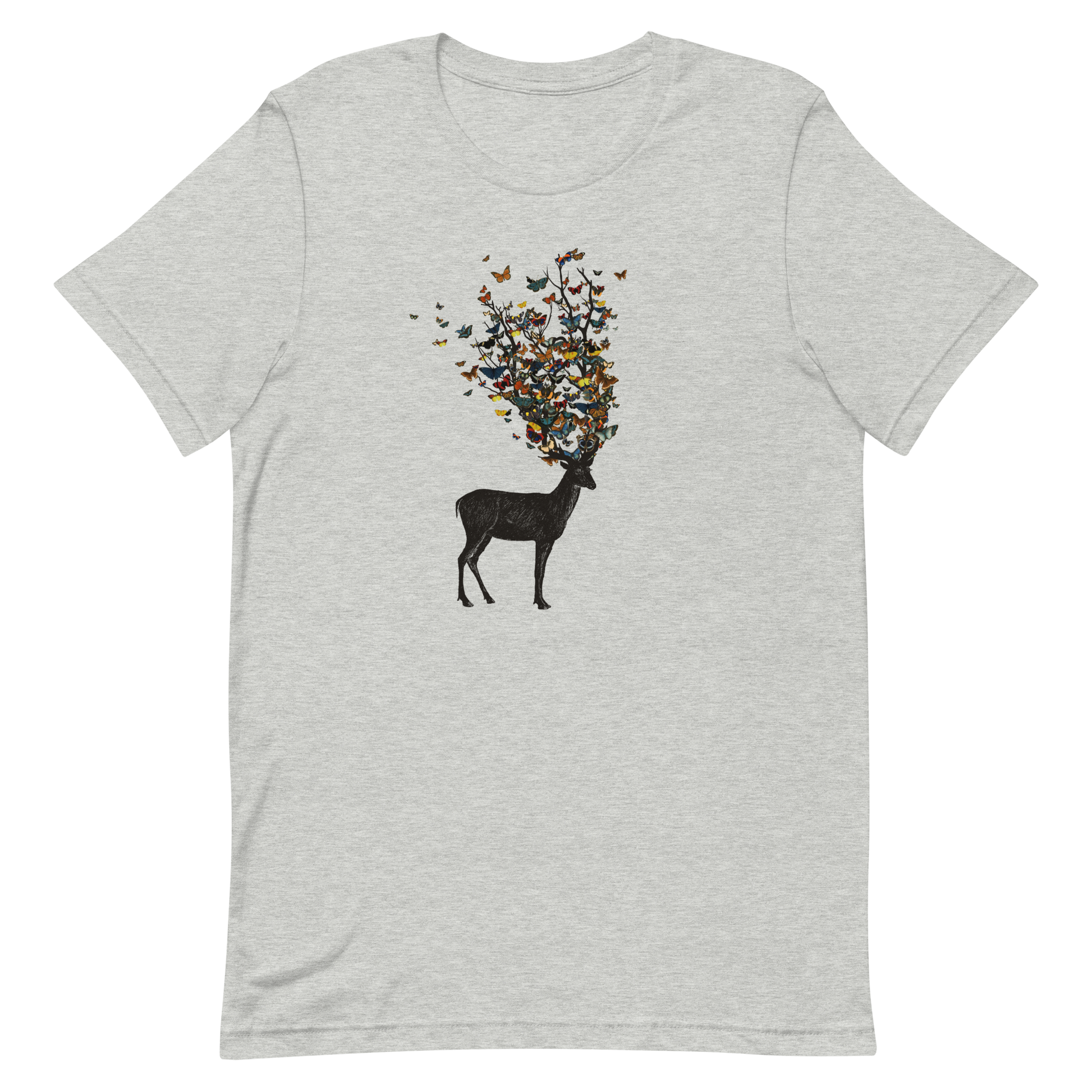 The image depicts a dark, silhouetted deer standing on a neutral background. Instead of branches, its antlers transform into a swirling cloud of vibrant, colorful butterflies that extend upwards and outward. The mix of organic and ethereal elements creates a captivating and whimsical visual contrast.