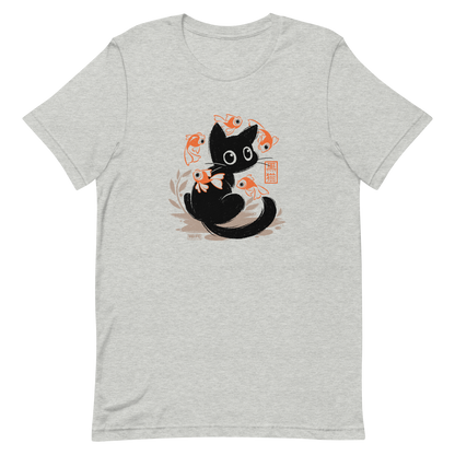 This unique design features a charming black cat amidst playful koi, rendered in beautiful Sumi-e ink style. A perfect blend of Japanese art and anime whimsy for any cat lover.