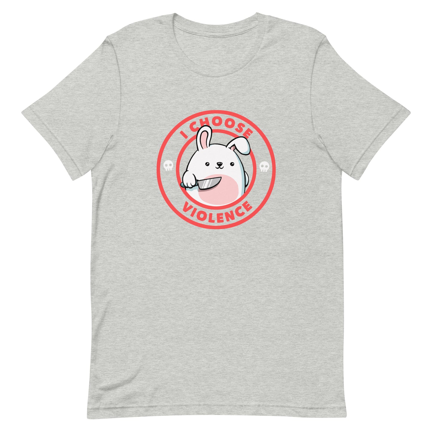 A cute white cartoon bunny with a pink belly stands holding a large kitchen knife in one paw. Surrounding the bunny is a red circular border with the words 'I CHOOSE VIOLENCE'. Small skull icons are on either side of the circle. The overall tone is a mix of adorable and ironic humor.