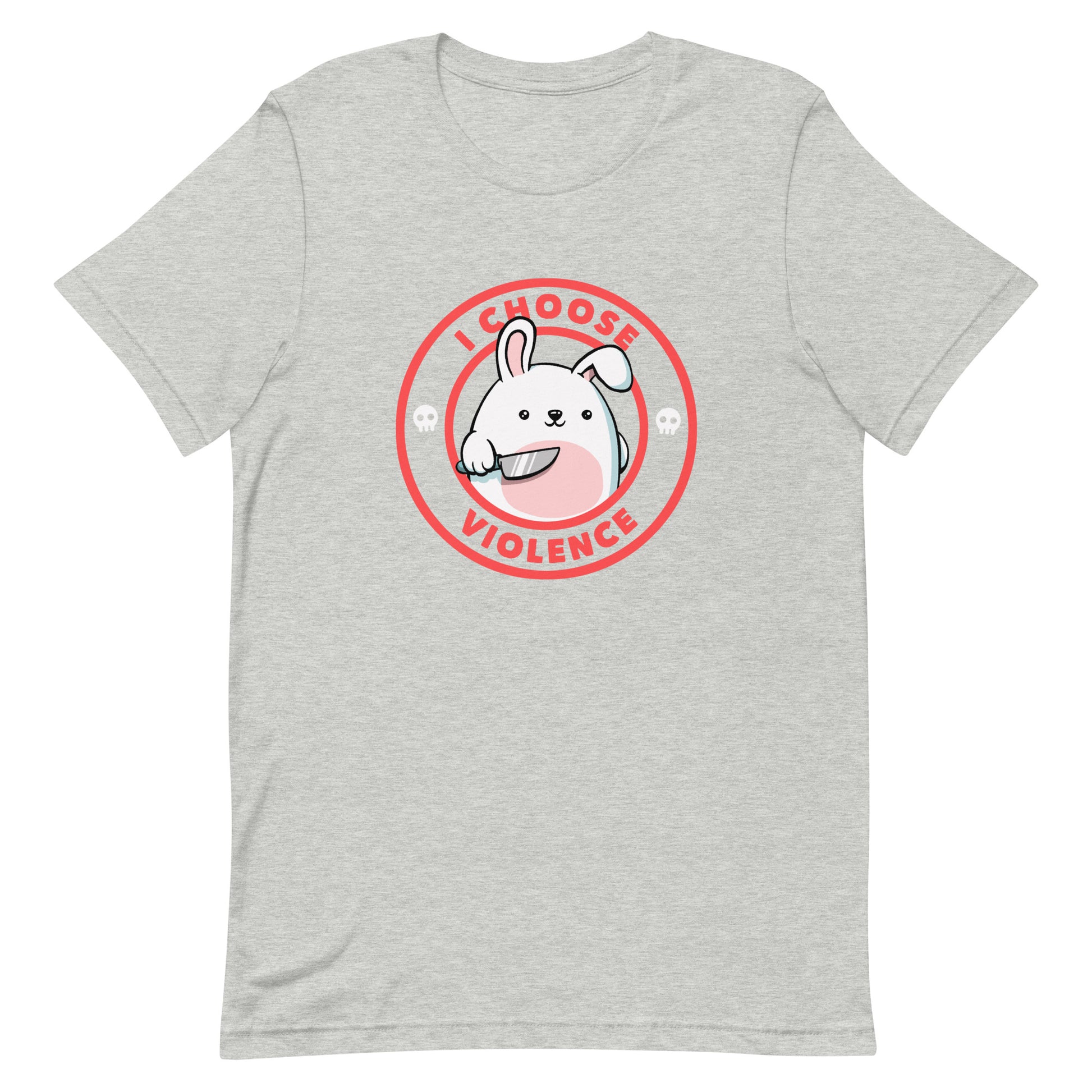 A cute white cartoon bunny with a pink belly stands holding a large kitchen knife in one paw. Surrounding the bunny is a red circular border with the words 'I CHOOSE VIOLENCE'. Small skull icons are on either side of the circle. The overall tone is a mix of adorable and ironic humor.