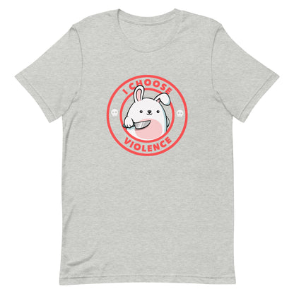 A cute white cartoon bunny with a pink belly stands holding a large kitchen knife in one paw. Surrounding the bunny is a red circular border with the words 'I CHOOSE VIOLENCE'. Small skull icons are on either side of the circle. The overall tone is a mix of adorable and ironic humor.