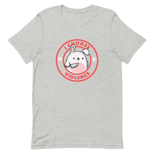 A cute white cartoon bunny with a pink belly stands holding a large kitchen knife in one paw. Surrounding the bunny is a red circular border with the words 'I CHOOSE VIOLENCE'. Small skull icons are on either side of the circle. The overall tone is a mix of adorable and ironic humor.