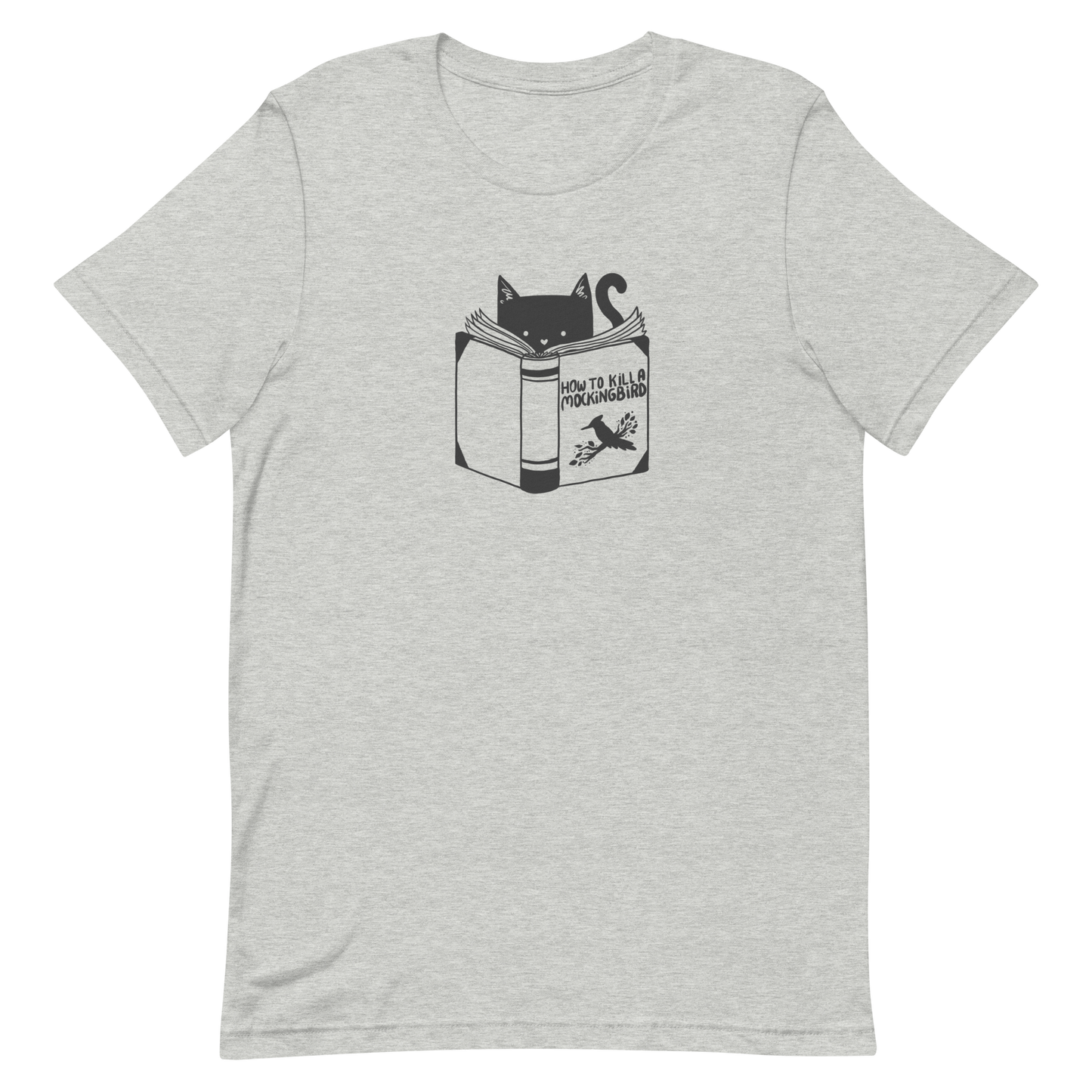 A black and white illustration features a cat peeking over an open book titled 'How to Kill a Mockingbird,' playfully altering the classic novel's title. The cat has a heart-shaped nose and simple, cute facial features. The design is whimsical and ironic, combining classic literature with a humorous twist.