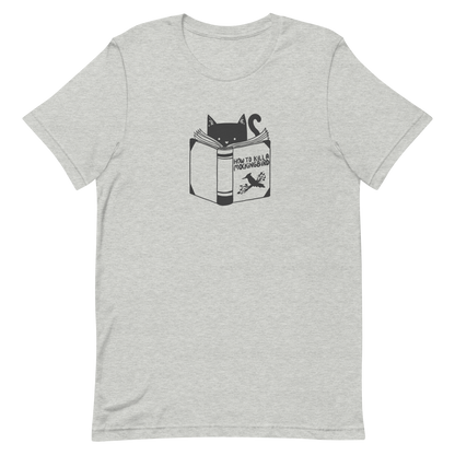 A black and white illustration features a cat peeking over an open book titled 'How to Kill a Mockingbird,' playfully altering the classic novel's title. The cat has a heart-shaped nose and simple, cute facial features. The design is whimsical and ironic, combining classic literature with a humorous twist.