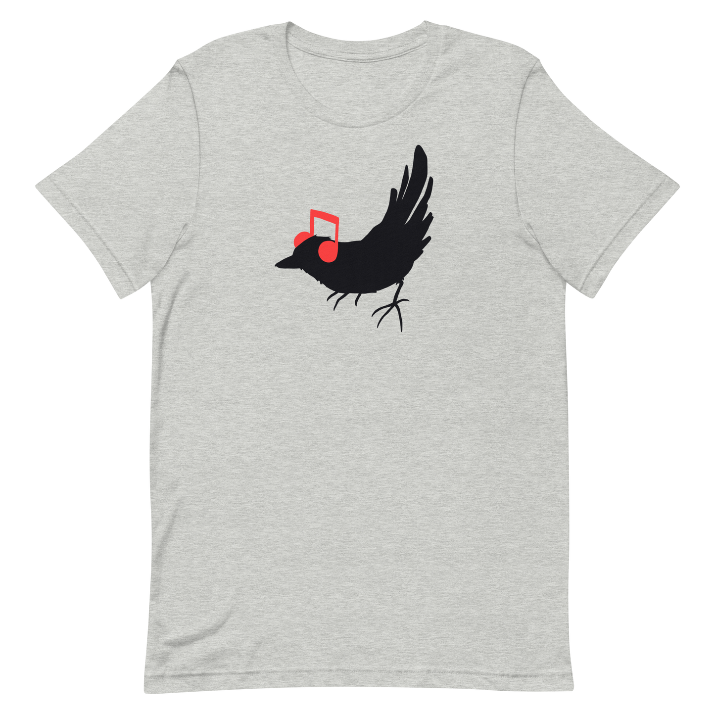 The drawing is a black silhouette of a bird in profile, standing on the ground, with bright red musical notes positioned like headphones over its ears, creating a whimsical and playful contrast. The drawing is simple, using solid colors and minimal details, giving it a modern and fun feel suitable for various merchandise like t-shirts, stickers, coffee cups, and skateboards.