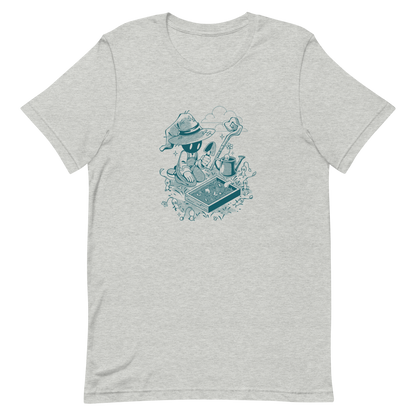 Illustration of a small wizard-like figure kneeling in a garden, using a trowel to plant seedlings while tiny plant creatures gather around, with a staff, watering can, and clouds in the background, drawn in a monochrome teal style.