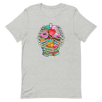 This vibrant design features a detailed, cartoonish human ribcage with various colorful candies and sweets filling the cavity. The sweets include a heart-shaped lollipop, cookies, cotton candy, chocolate bars, ice cream, donuts, and colorful candy strips. The style is reminiscent of pop art with bold lines and vivid colors, making it visually striking and playful.