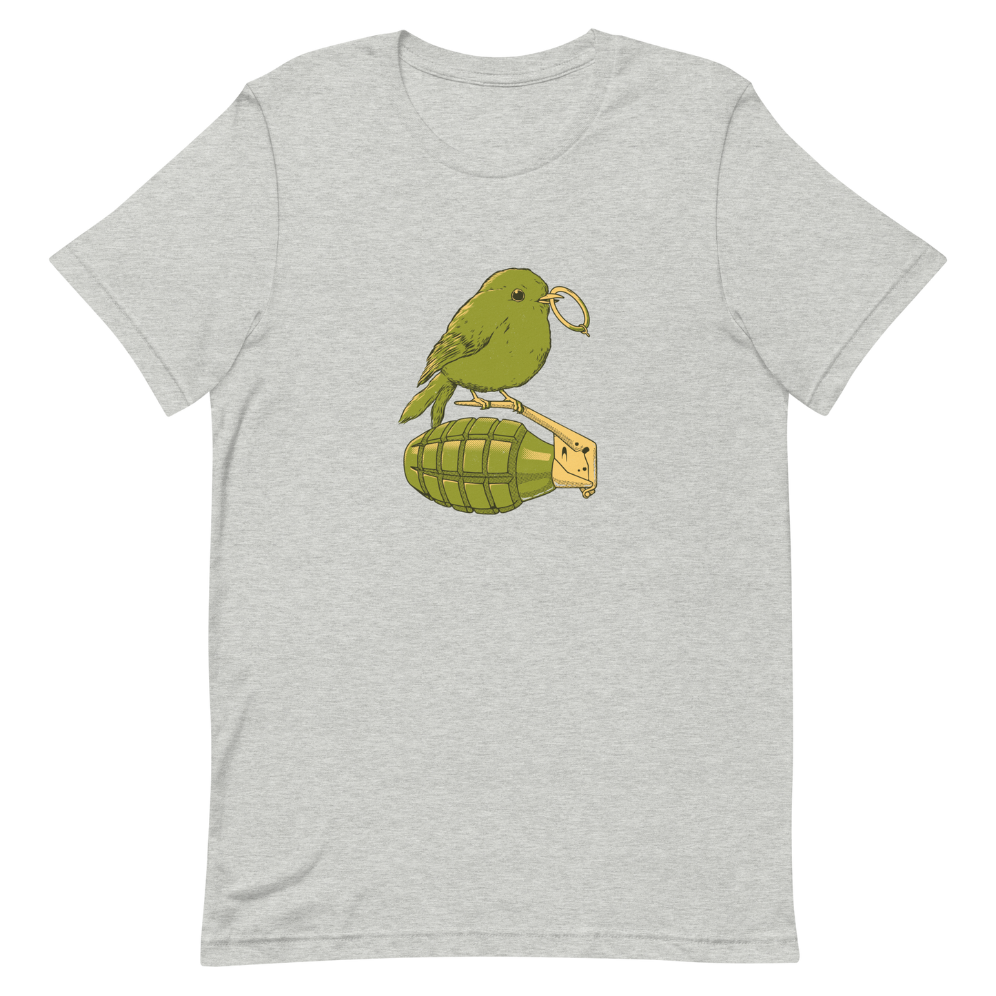 A small, detailed bird with a realistic style perches on top of a hand grenade. The bird holds the pin of the grenade in its beak, giving the image a whimsical yet ironic feel. The color palette consists of shades of green and tan, with a playful blend of nature and military elements. The overall vibe is quirky and thought-provoking, blending humor with a hint of danger.