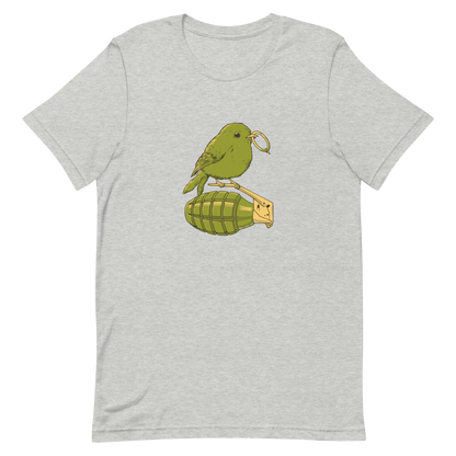 A small, detailed bird with a realistic style perches on top of a hand grenade. The bird holds the pin of the grenade in its beak, giving the image a whimsical yet ironic feel. The color palette consists of shades of green and tan, with a playful blend of nature and military elements. The overall vibe is quirky and thought-provoking, blending humor with a hint of danger.