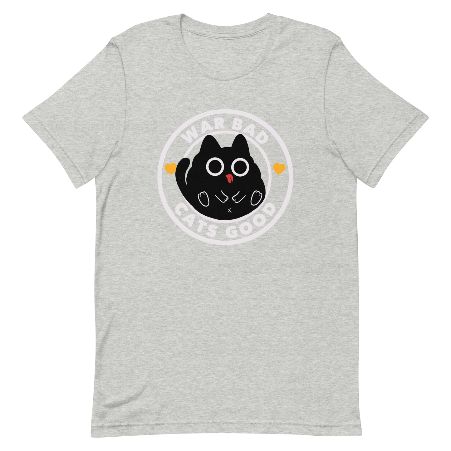 A chubby black cat with big round eyes sits in the center of a circle with the words “War Bad, Cats Good.” This artwork mixes cuteness with a powerful message, reminding us that peace and love always win over conflict. Perfect for cat lovers, peace advocates, and anyone who enjoys playful yet meaningful designs.