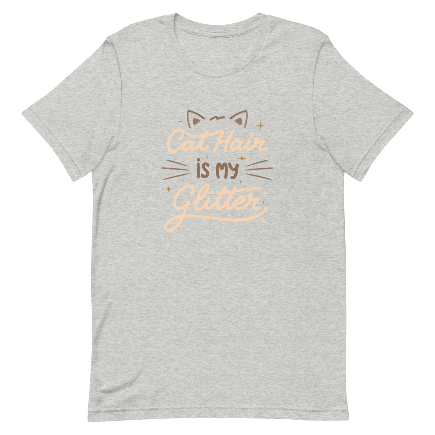 This artwork features fun lettering with the phrase "Cat Hair is My Glitter," accompanied by cat ears, hearts, and gold glitter. It humorously celebrates the lives of those who live with cats and have grown accustomed to having fur everywhere. Ideal for feline lovers who wear their furry coats as if they were real glitter.