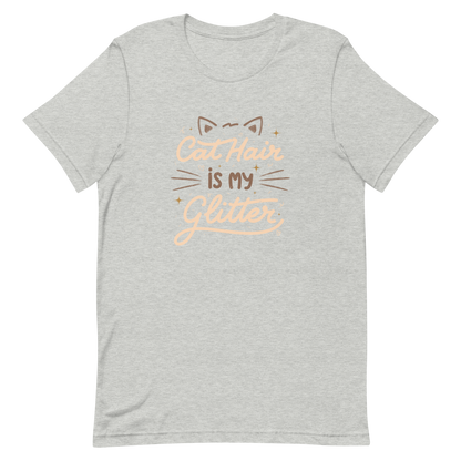 This artwork features fun lettering with the phrase "Cat Hair is My Glitter," accompanied by cat ears, hearts, and gold glitter. It humorously celebrates the lives of those who live with cats and have grown accustomed to having fur everywhere. Ideal for feline lovers who wear their furry coats as if they were real glitter.